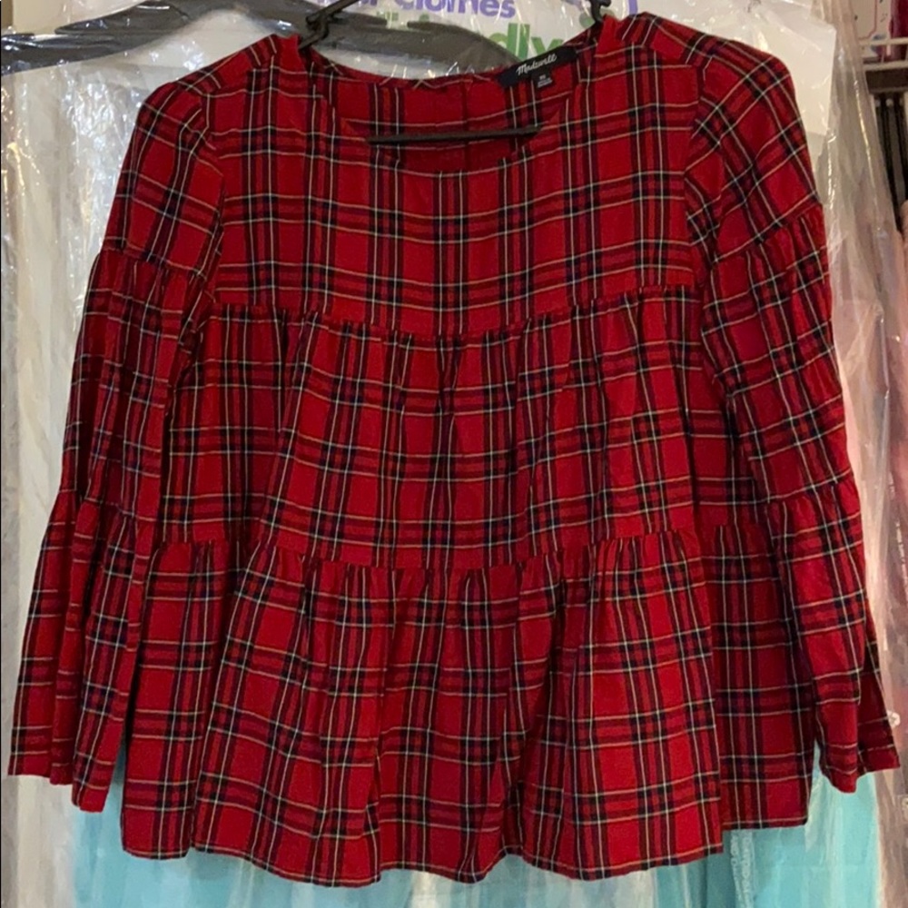 Madewell red plaid tiered blouse with button back